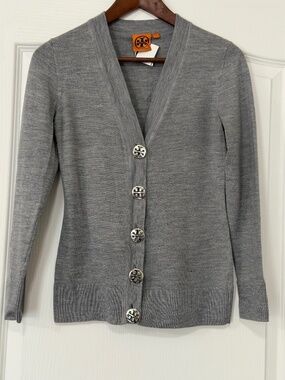 Tory Burch Simone Heather Grey 100% Merino Wool Cardigan - Small